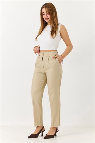 Kadın Havuç Model Yüksek Bel Kalın Kemerli Pantolon Bej