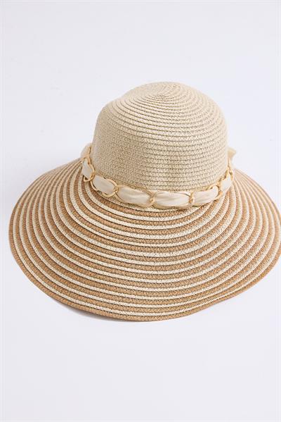 Zincir Fiyonk Aksesuarlı Hasır Şapka Vizon