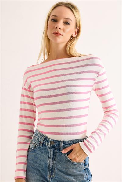 Kadın Çizgi Desen Geniş Yaka Uzun Kollu Bluz Pembe