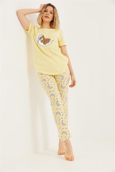 Baskılı Kısa Kol Pijama Takım Sarı