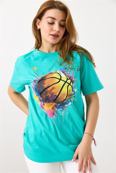 Kadın Basketbol Grafik Baskılı Günlük Tshirt  Yeşil