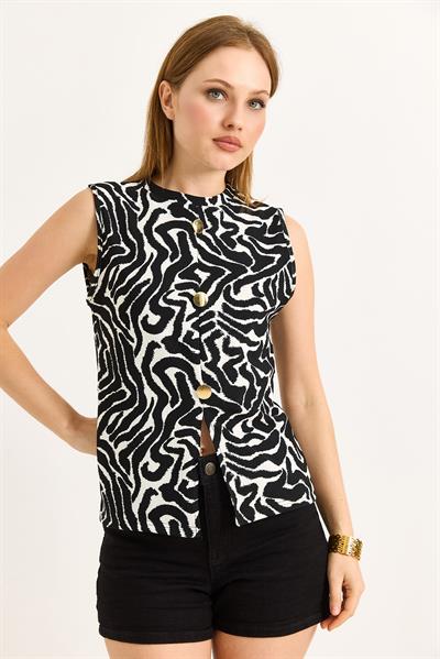 Bisiklet Yaka Gold Düğmeli Ottoman Fitilli Bluz Zebra Siyah Beyaz