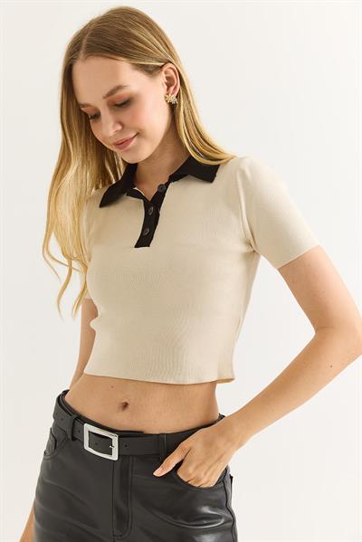 Polo Yaka Düğmeli Crop Bluz Bej