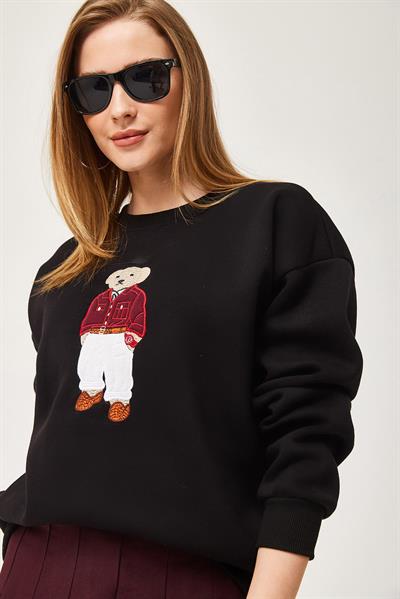 Oversize Nakışlı Sweatshirt Siyah