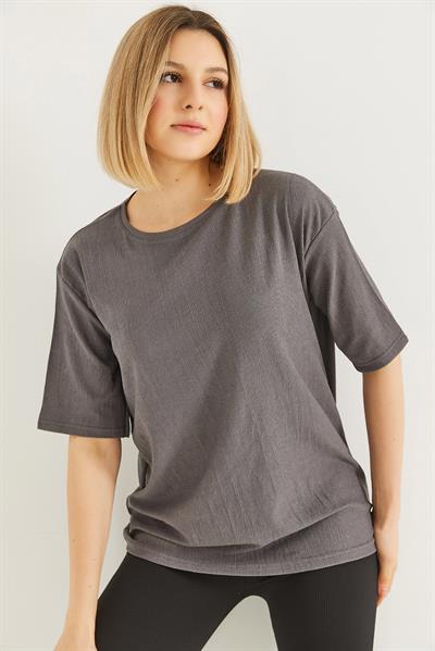 Bisiklet Yaka  Kısa Kol Basic Tshirt Gri