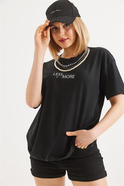 Aksesuar Detaylı Kadın Basic Tshirt Siyah