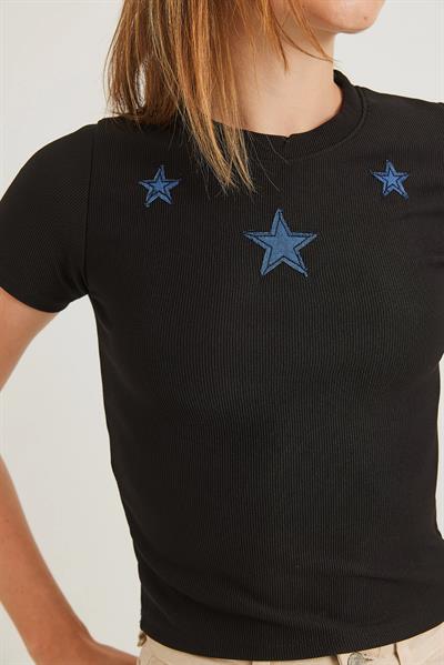 Yıldız Detaylı Fitilli Kısa Kollu Crop Bluz Siyah