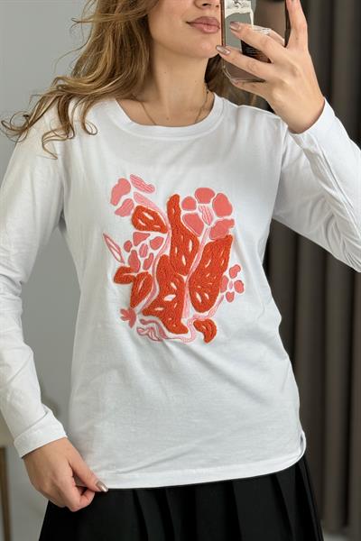 Kadın Beyaz Turuncu Papatya Nakışlı  Baskılı Uzun Kollu Tşhirt