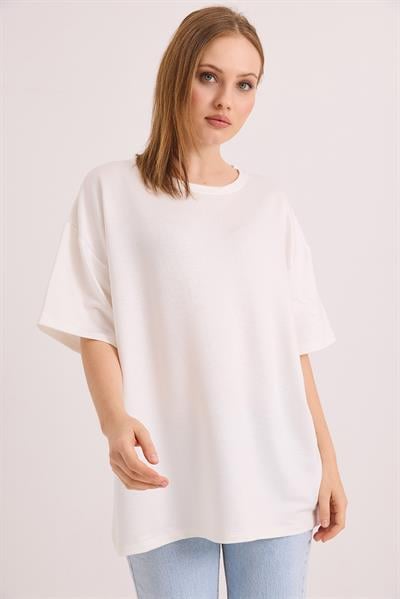 Oversize Yumuşak Dokulu Salaş T-Shirt Ekru