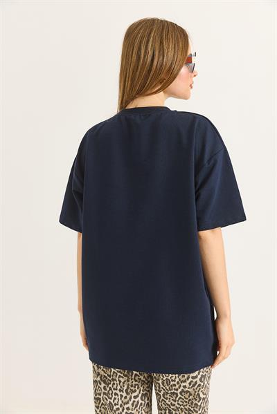 Kurdele Baskı Detaylı Basic TShirt  Lacivert