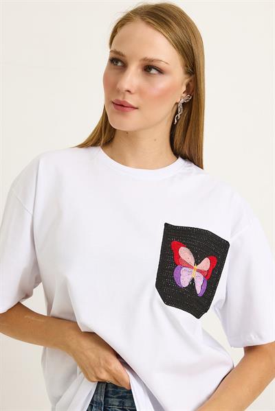 Nakış Detaylı Bisiklet Yada Basic Tshirt Beyaz