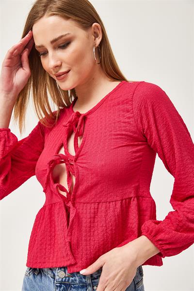 Bağlama Detaylı Esnek Örme Bluz Fuşya