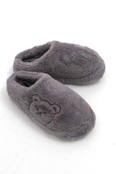 Peluş Ayıcıklı Önü Kapalı Ev Terliği Gri