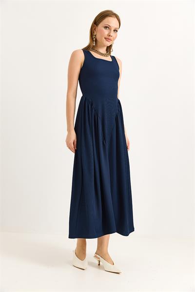 Bel Büzgülü Kalın Askılı Elbise Lacivert