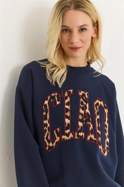 Kadın Üç İplik Leopar Baskılı Sweatshirt Lacivert