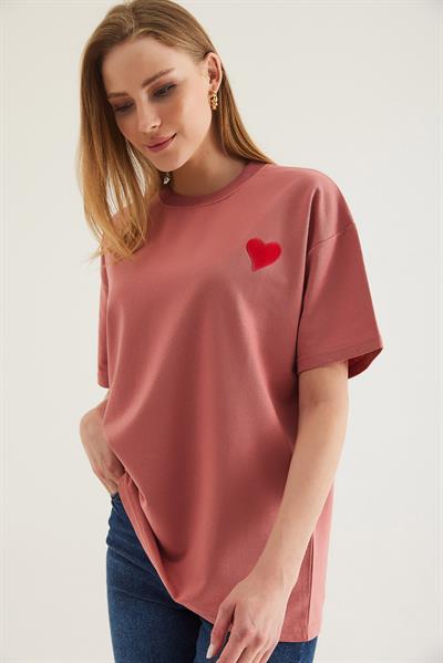 Bisiklet Yaka  Kısa Kol Basic Tshirt Pudra