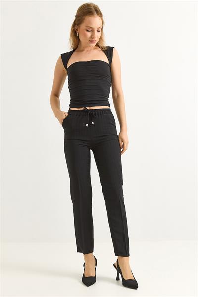 Beli Lastikli Çizgi Desenli Krep Pantolon Siyah