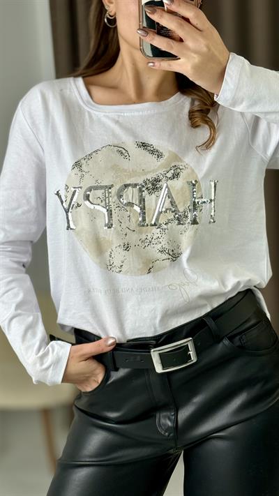 Kadın Beyaz Parlak  Baskılı  Tshirt