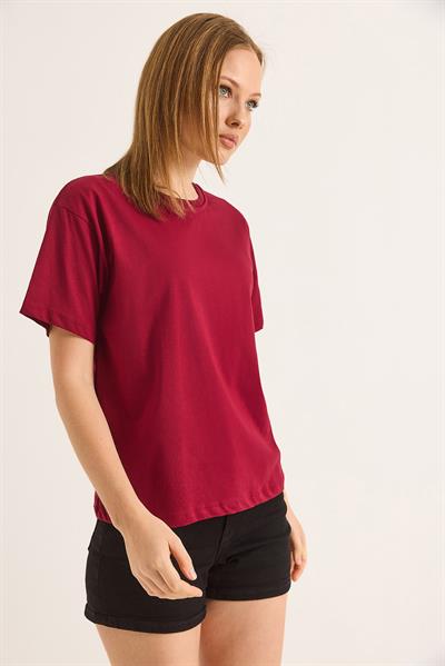 Bisiklet Yaka Kısa Kollu Fit Tshirt Bordo