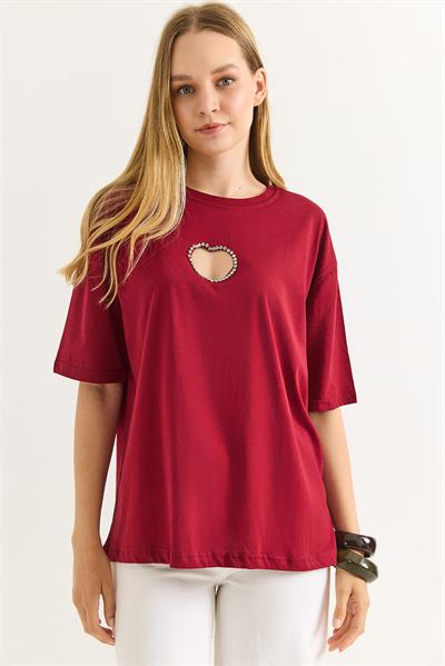 Kalp Dekolteli Bisiklet Yaka Tshirt Bordo