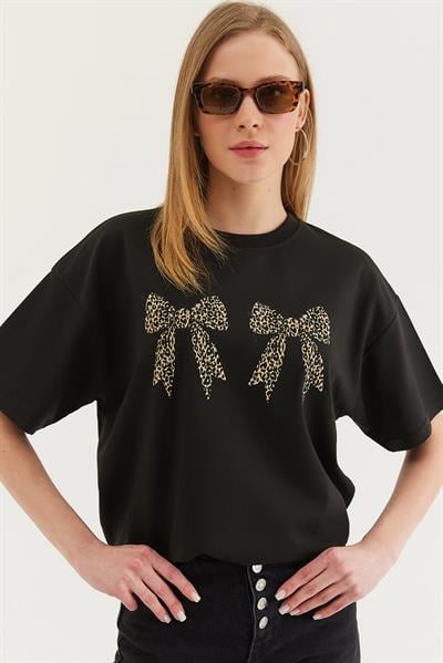 KKurdele Baskı Detaylı Basic Tshirt Siyah
