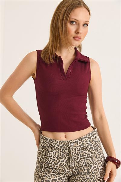 Yakalı Düğmeli Fitilli Crop Bluz Bordo