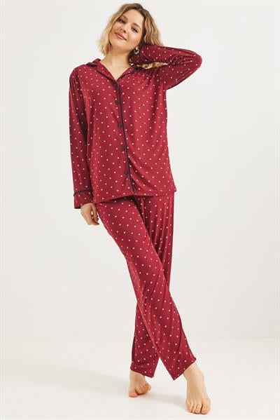 Düğmeli Uzun Kollu Pijama Takımı Kırmızı