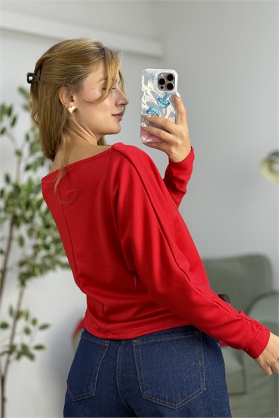 Kayık Yaka Viskon 98 Baskılı  Uzun Kollu Tshirt