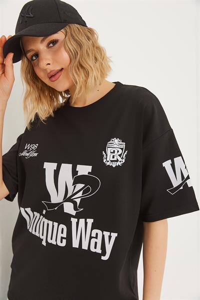 Bisiklet Yaka Baskılı Tshirt Siyah