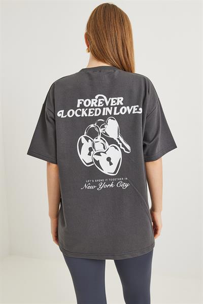 Baskılı Oversize İki İplik Tshirt Füme