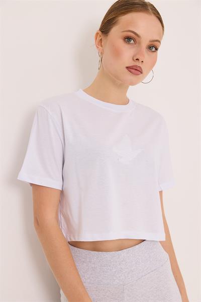 Karikatür Kuş Kabartma Baskılı Örme Crop Tshirt Beyaz