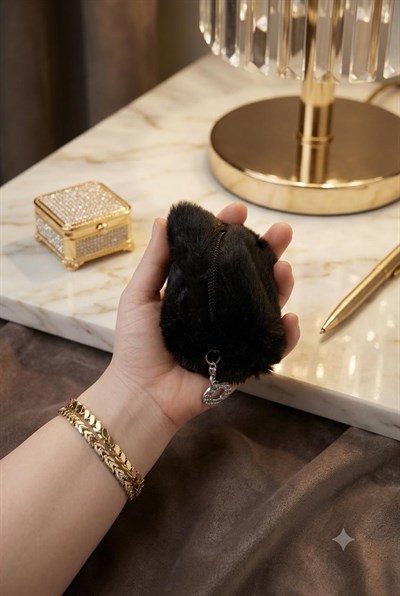 Kadın Peluş Tüylü 10X7 Ölçülü Mini Boy Makyaj Çantası Siyah