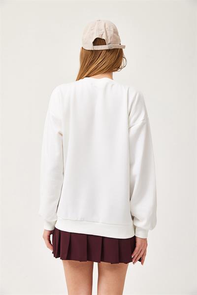 Oversize Nakışlı Sweatshirt Beyaz