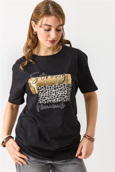 Kadın Bisiklet Yaka Baskılı Kısa Kol Tshirt Siyah