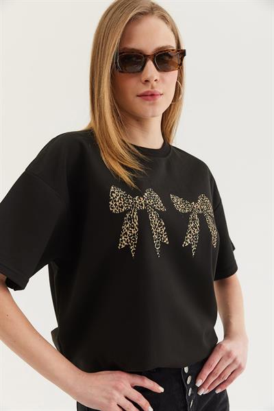 KKurdele Baskı Detaylı Basic Tshirt Siyah