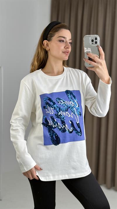 Kadın Beyaz Baskılı Uzun Kollu Tshirt