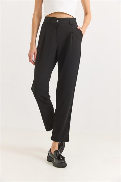 Beli Lastikli Katlı Paça Kadın Pantolon Siyah