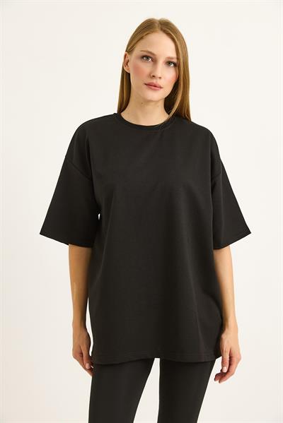 Sırt Baskılı Oversize Bisiklet Yaka Tshirt Siyah