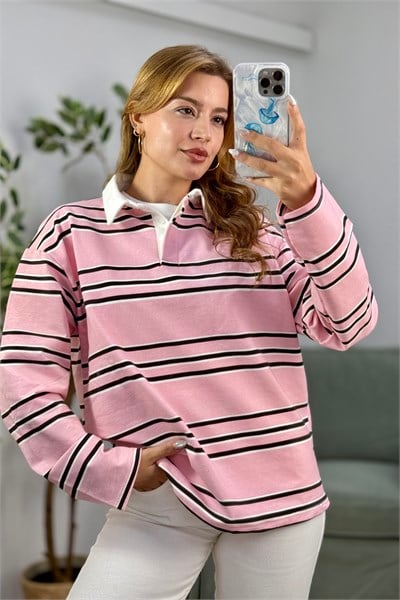 Kadın Çizgili Polo Yaka Sweatshirt Pembe