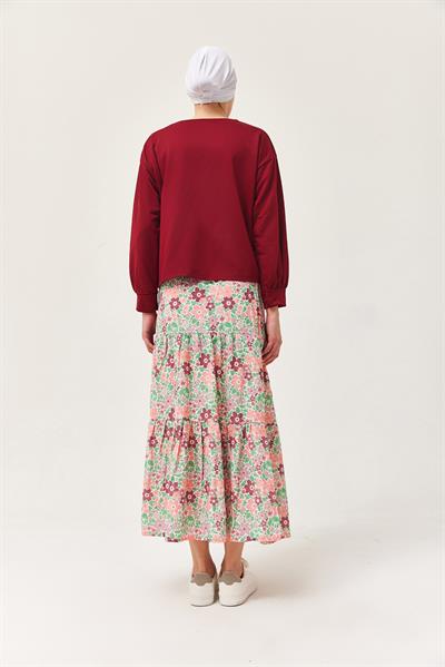 Çiçek Desenli Etekli İkili Takım Bordo