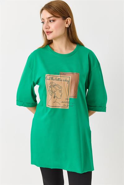 Kadın Figürlü Baskılı Bisiklet Yaka Tshirt Yeşil