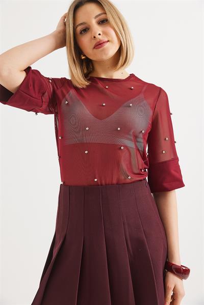 Yarım Kol Transparan Bluz Bordo