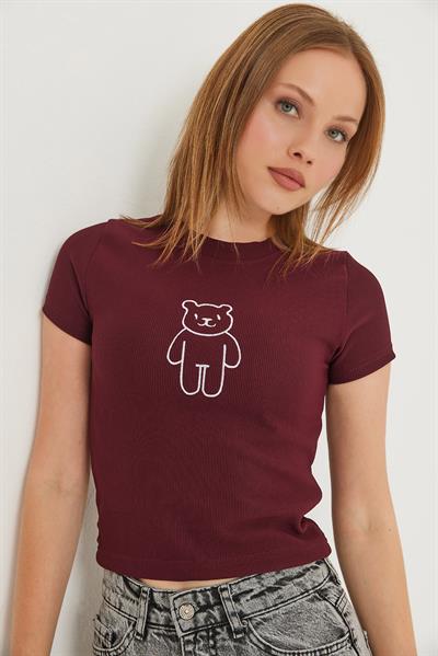 Ayıcık Nakışlı Kaşkorse Bluz Bordo