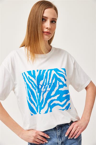 Desenli Bisiklet Yaka Penye Tshirt Beyaz