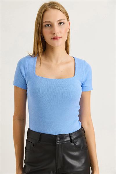 Fitilli Kare Yaka Kısa Kollu Beyaz Mavi