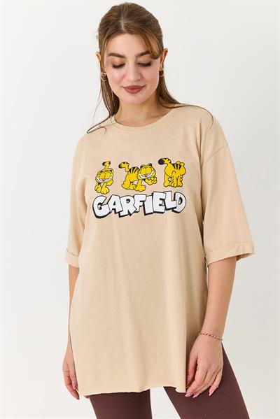 Kadın Garfield Baskılı Yanları Yırtmaçlı Bisiklet Yaka Tshirt Krem