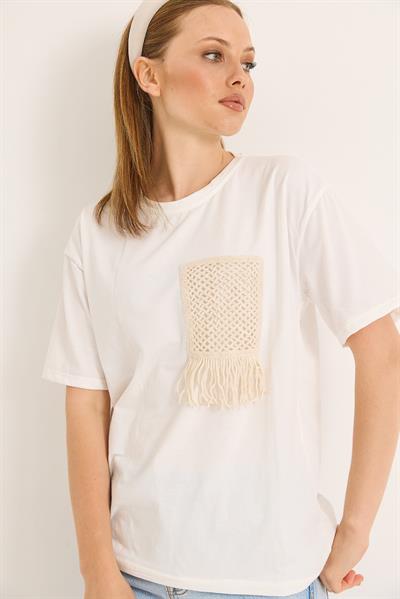 Hasır Cepli Yumuşak Dokulu Fit Tshirt Krem