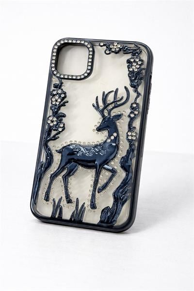 İphone 15 Pro Uyumlu Geyik ve Çiçek Kabartmalı Kılıf Lacivert
