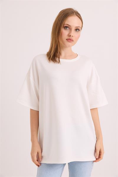 Oversize Yumuşak Dokulu Salaş T-Shirt Ekru