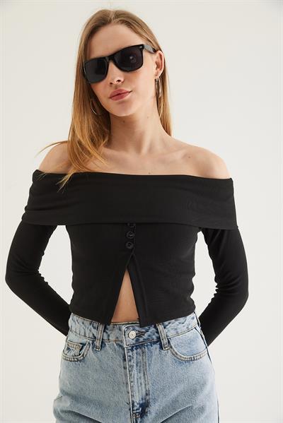Kayık Yaka Yırtmaçlı Bluz Siyah